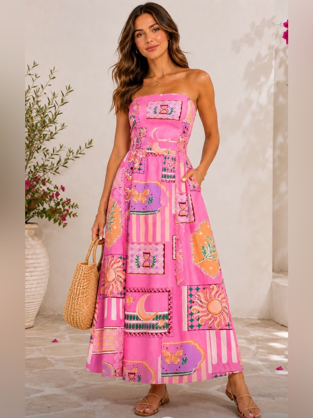 Midnight Sky Pink Strapless Printed Maxi Dress with pockets